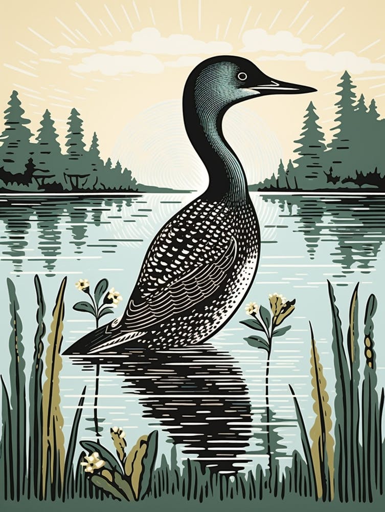 Vintage Bird Linocut Loon 1