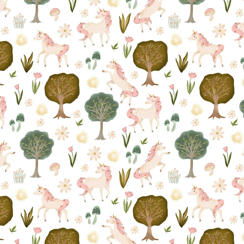 Pink unicorn running in the woods