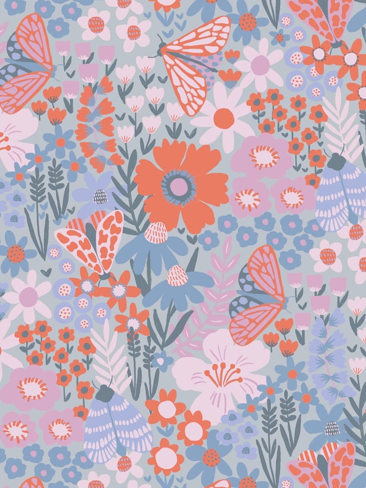 Wonderful Flora and Fauna Pastel Moths and Butterflies Flower Field
