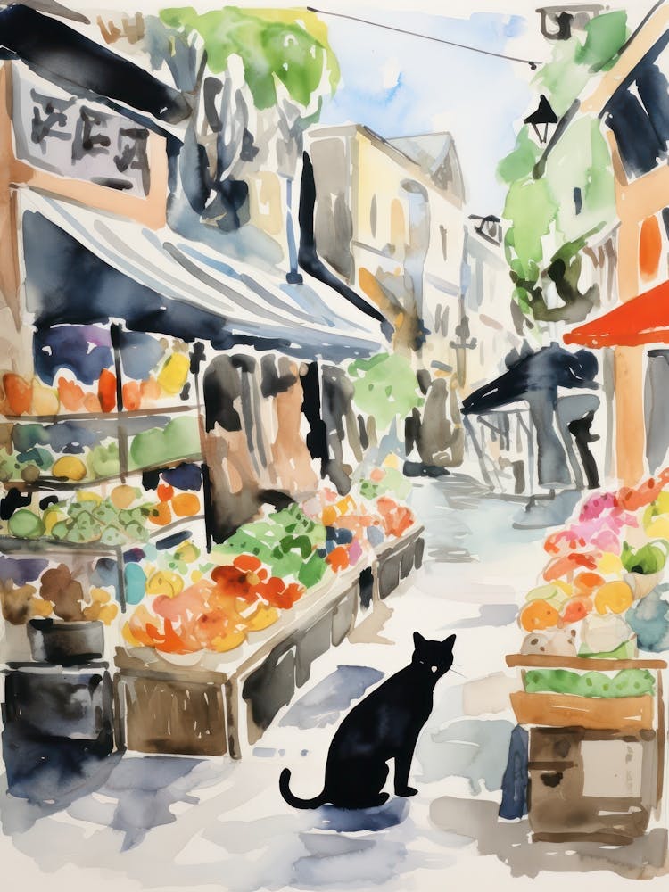Lebensmittelmarkt mit Katzen in Oslo 1 Aquarell