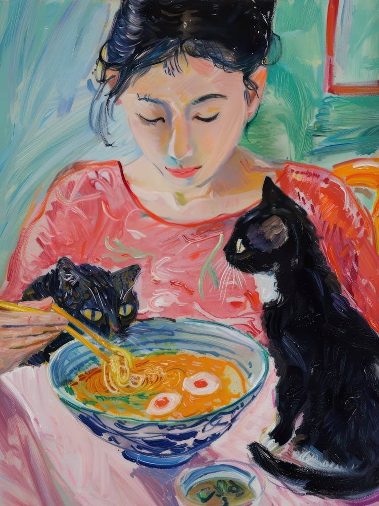 Portrait Of A Woman With Cats Eating Ramen 3