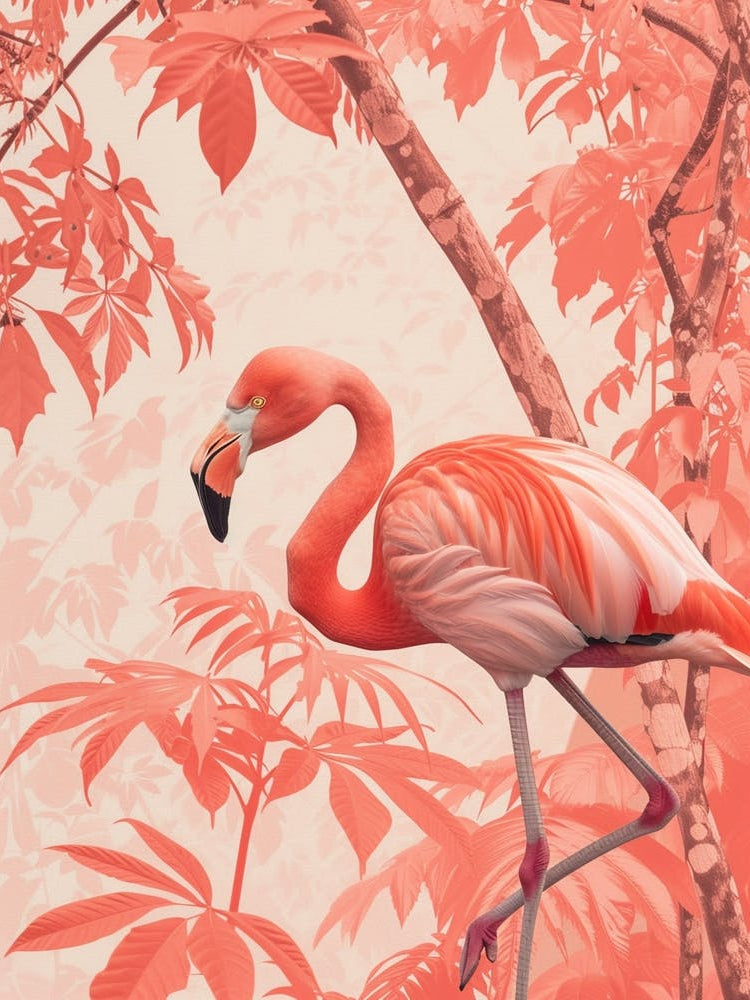 American Flamingo And Philodendrons Minimalist Illustration 4