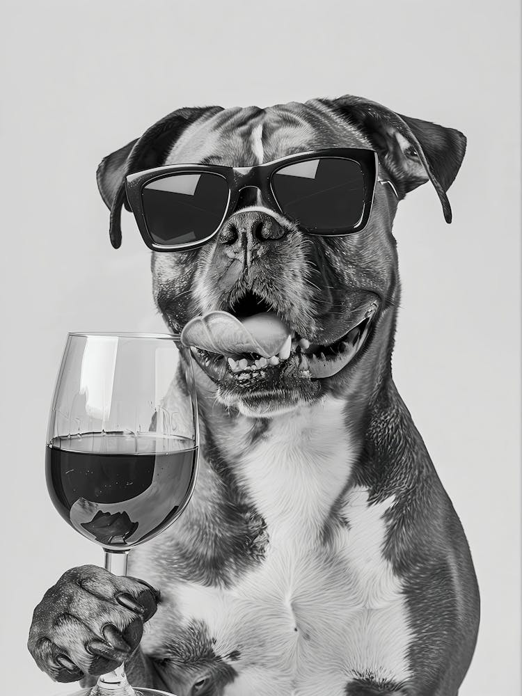 Boxer And Wine Wall Art, Black And White Print, Boxer Print, Funny Dog Poster, Pet Art, Bar Cart Print, Kitchen Wall Decor