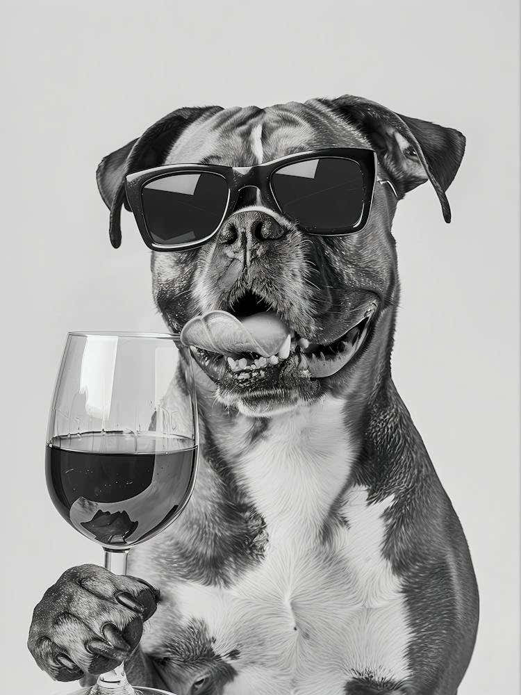 Boxer And Wine Wall Art, Black And White Print, Boxer Print, Funny Dog Poster, Pet Art, Bar Cart Print, Kitchen Wall Decor