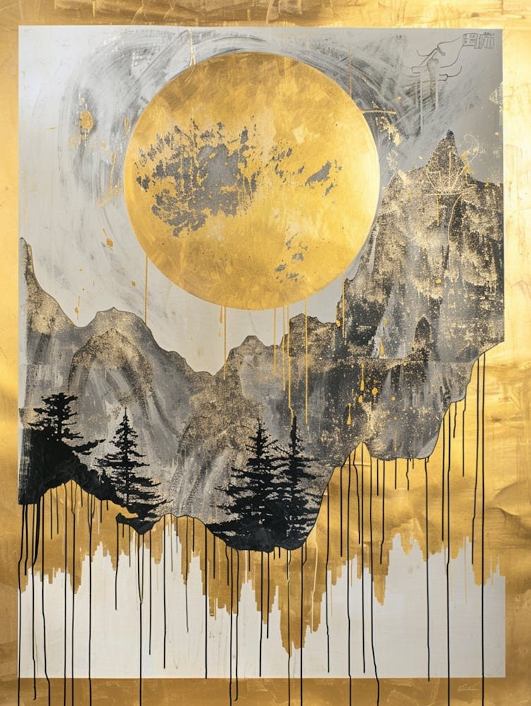 Abstract Gold, Silver And Black Painting Of Oriental Winds With Mountains And Trees, A Golden Sun And Moon Hanging On The Wall Against A White Background, With Gold Dripping From The Edges In The Style Of An Oriental Artist 1