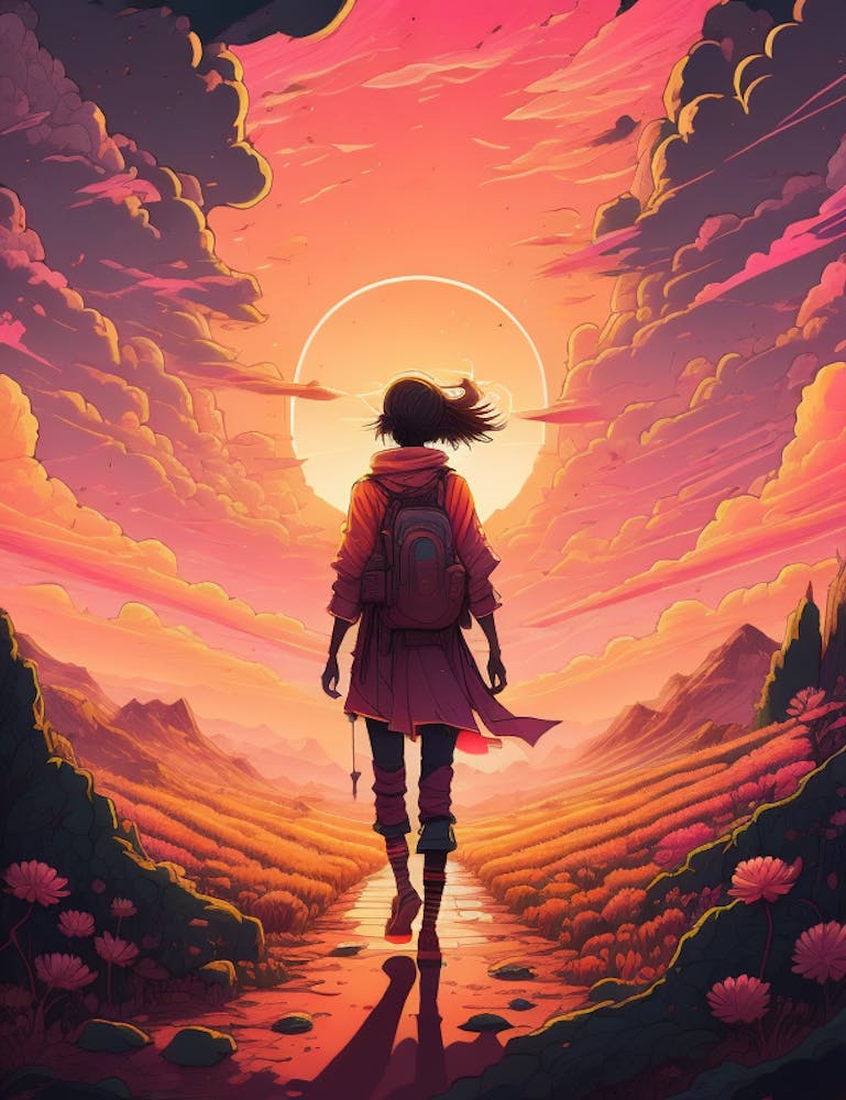 Fille marchant au coucher du soleil