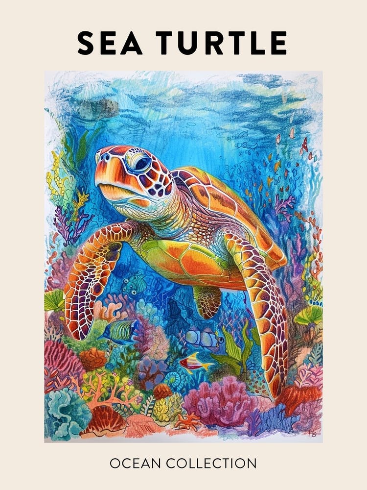 Colourful Sea Turtle On The Magical Ocean Floor Pencil Illustration Poster