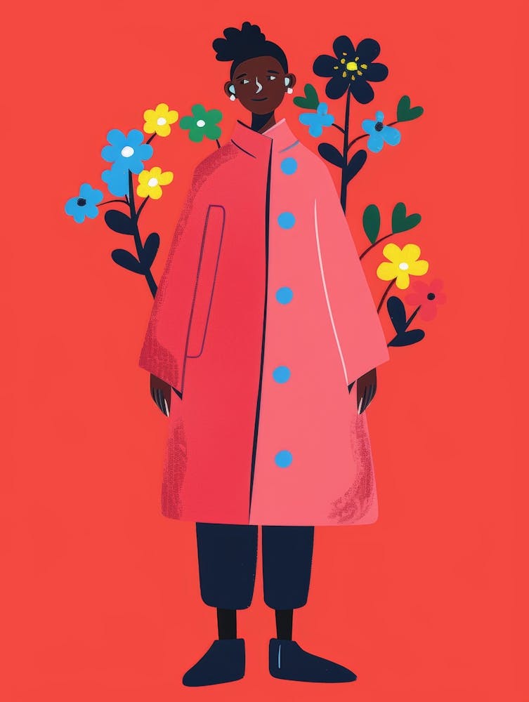 Girl In Pink Coat With Flowers