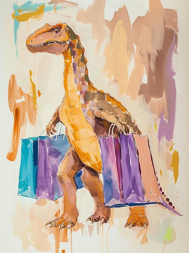 Dinosaur With Shopping Bags Pastel Brushstroke 3