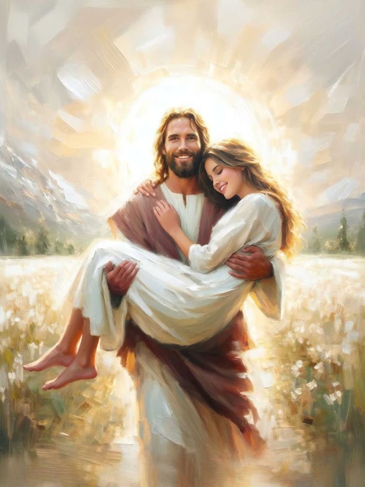 Carry Her Home, Modern Christian Art, Jesus Heals A Woman, Jesus Christ Art, Lds Painting, Digital Bible Art, Printable Art, Jesus And Girl