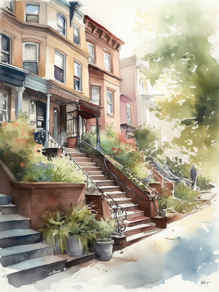 Park Slope Brooklyn Neighborhood, Watercolour 3