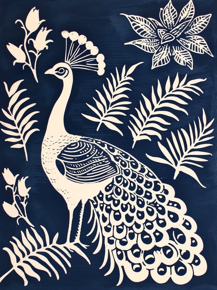 Navy Blue & Cream Peacock With Tropical Flowers 3