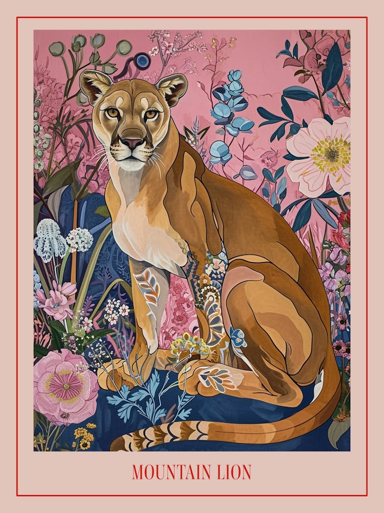 Floral Animal Painting Mountain Lion 3 Poster