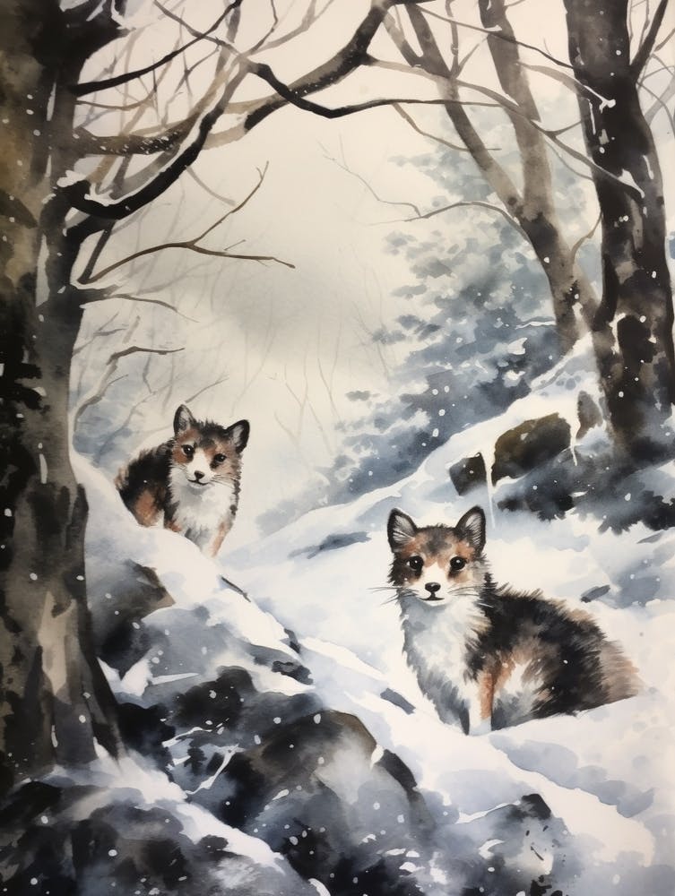 Winter Watercolour Stoat 2