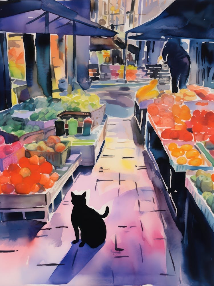 Food Market With Cats In New York 1 Watercolour