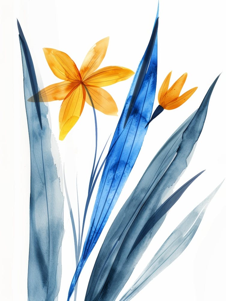 Watercolor Of Blue And Yellow Flowers