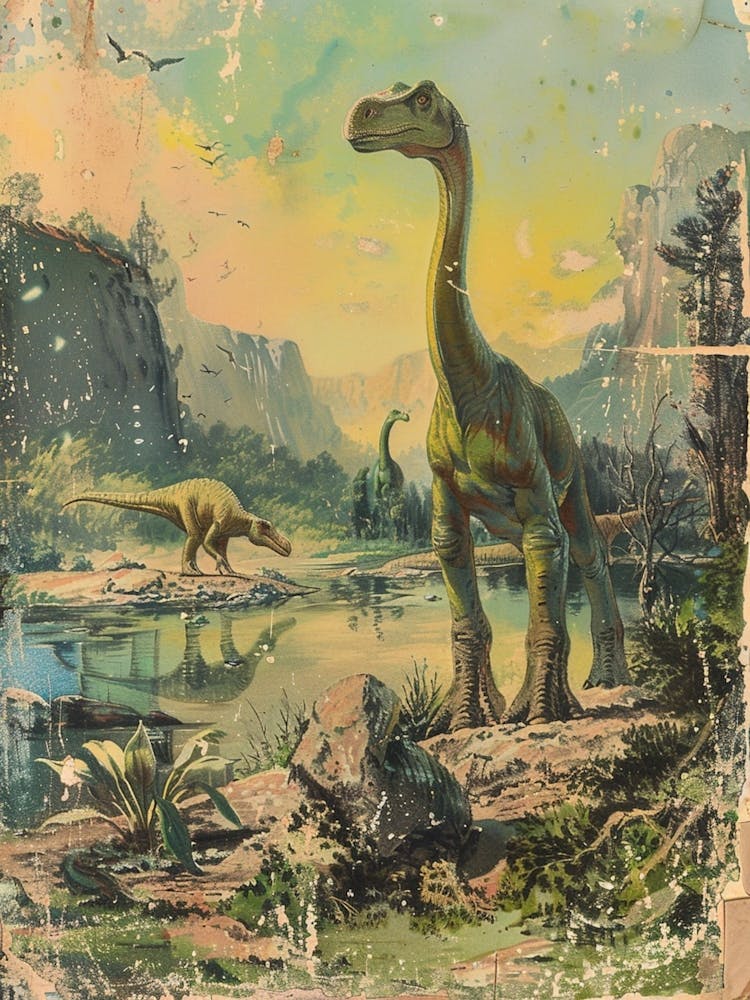 Dinosaur In Jurassic Landscape Vintage Illustration 2