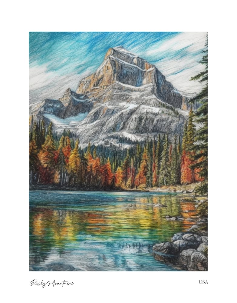 Rocky Mountains Usa Pencil Sketch 2 Watercolour Travel Poster