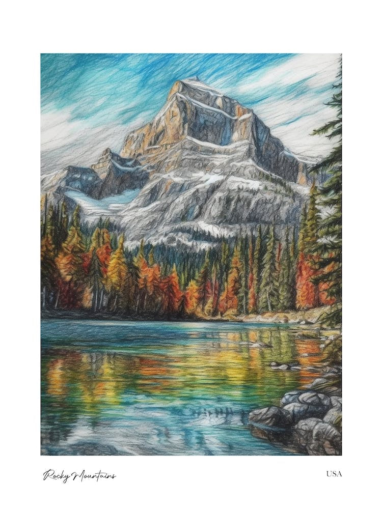 Rocky Mountains Usa Pencil Sketch 2 Watercolour Travel Poster