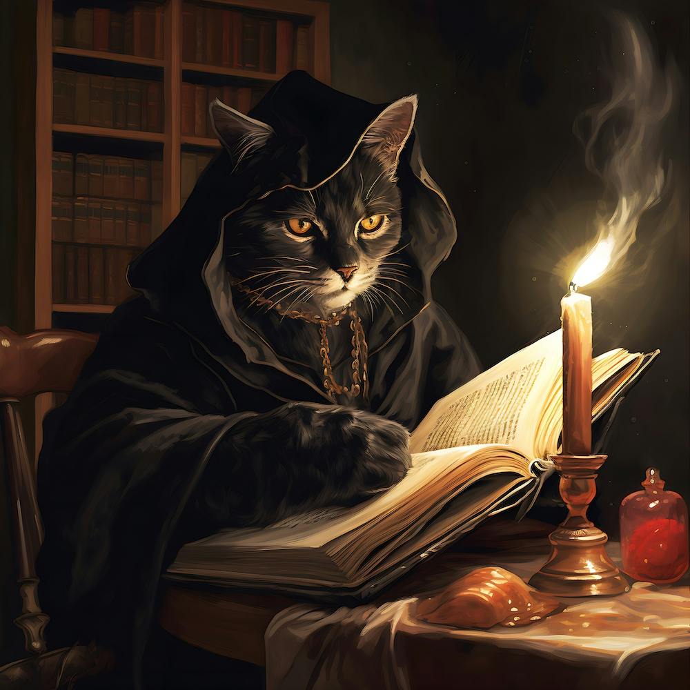 Gothic Dark Academia Cat with Grimoire Halloween