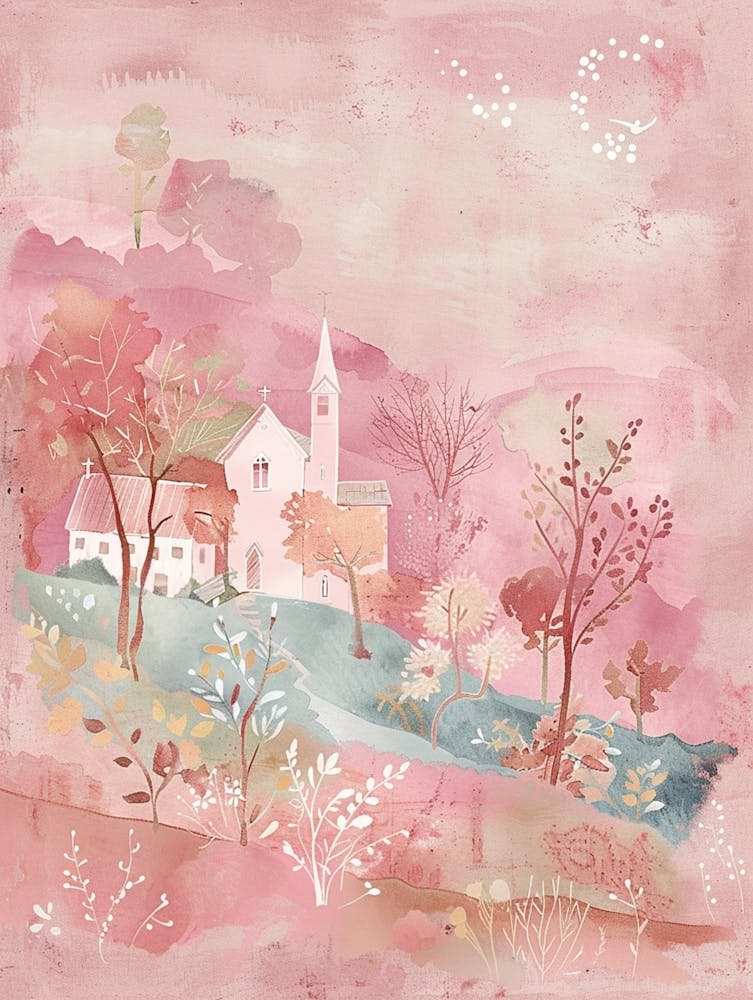 Print With Bloominburg On A Pink Background, In The Style Of Pastel Hued, Serene Watercolors, Celestialpunk, Nul Group, Hurufiyya, English Countryside, Subtle Hues
