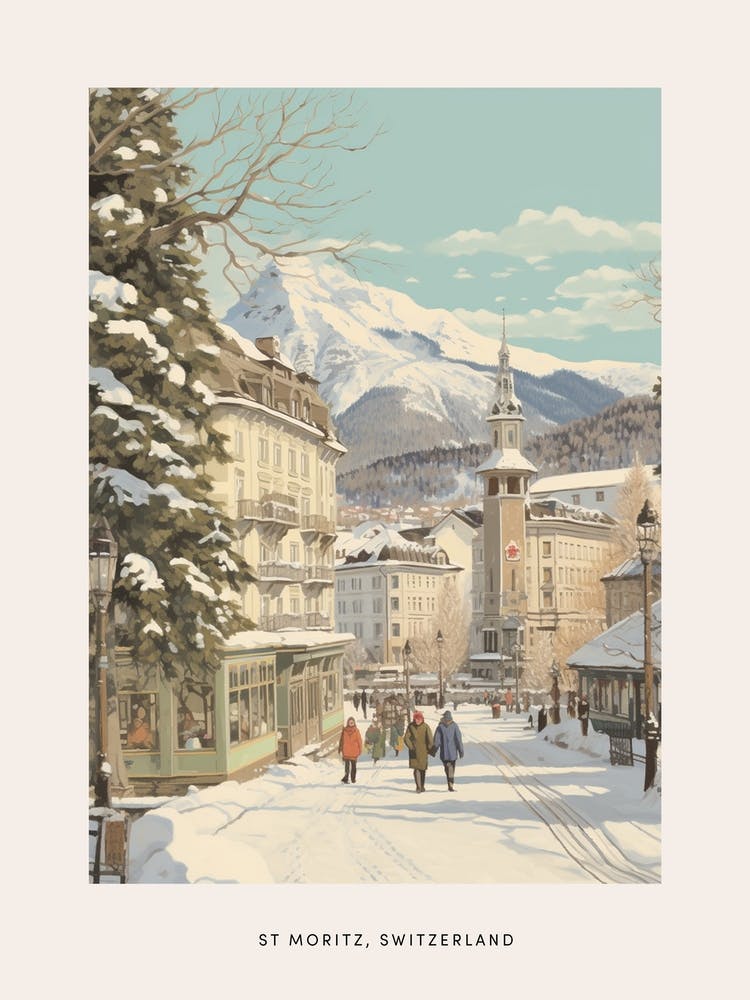 Vintage Winter Poster St Moritz Switzerland 2