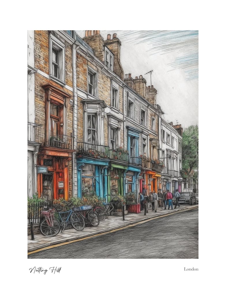 Notting Hill London Pencil Sketch 4 Watercolour Travel Poster