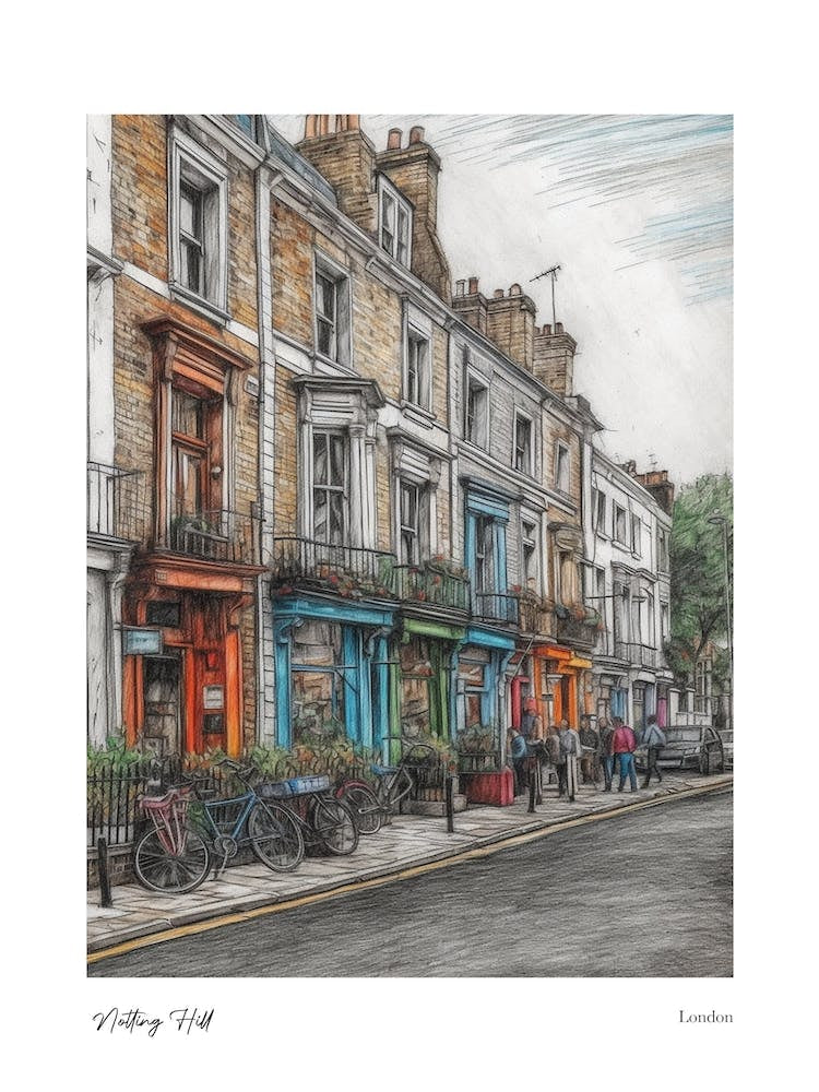 Notting Hill London Pencil Sketch 4 Watercolour Travel Poster