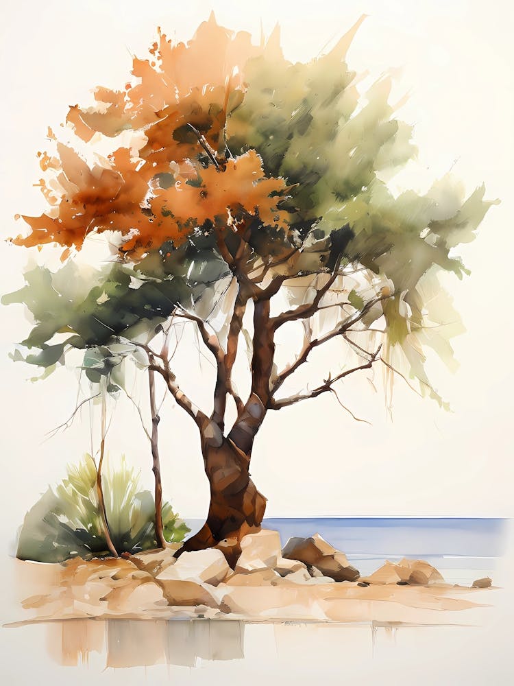 Watercolor Tree On The Beach