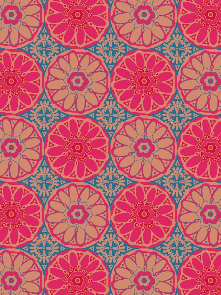 GRAND BAZAAR Bohemian Floral Mandala Tiles in Exotic Fuchsia Hot Pink Red Blue Blush Sand