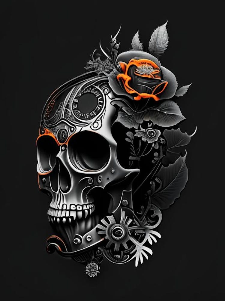 Skull With Floral Patterns 1 Orange Stream Punk