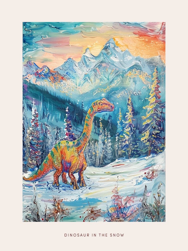 Bunter Dinosaurier in einer verschneiten Landschaft 1 Poster