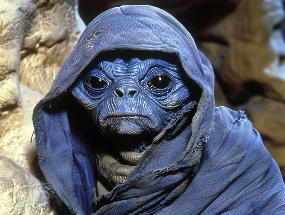Alien A Short Blue Barrel Bodied Dwarf With A Blue Shaved Wrinkly Wide Old Man Alien Face With Bulging Black Eyeballs Under A Pronounced Brow And A Wide Grin That Stretches Across His Fac