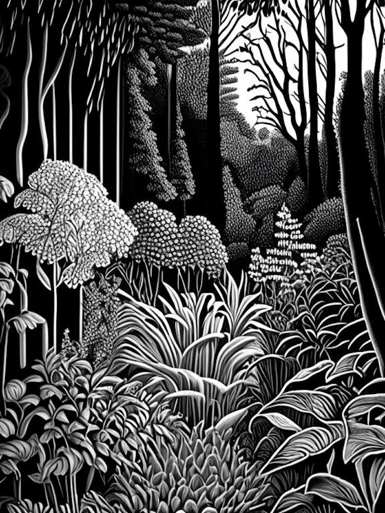 Royal Botanical Gardens, Burlington, Canada Linocut Black And White Vintage