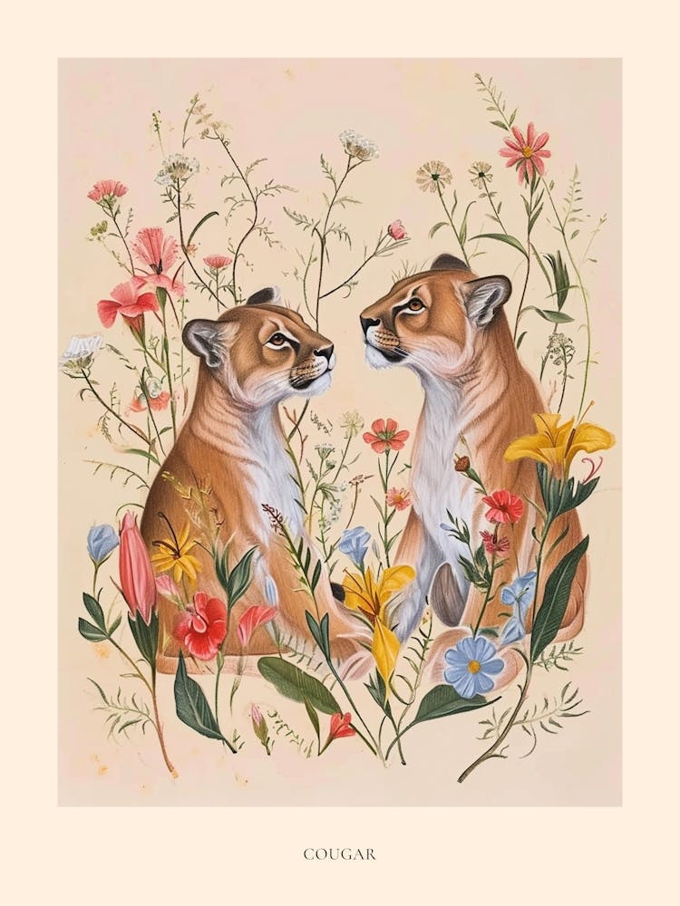 Folksy Floral Animal Drawing Cougar 2 Poster