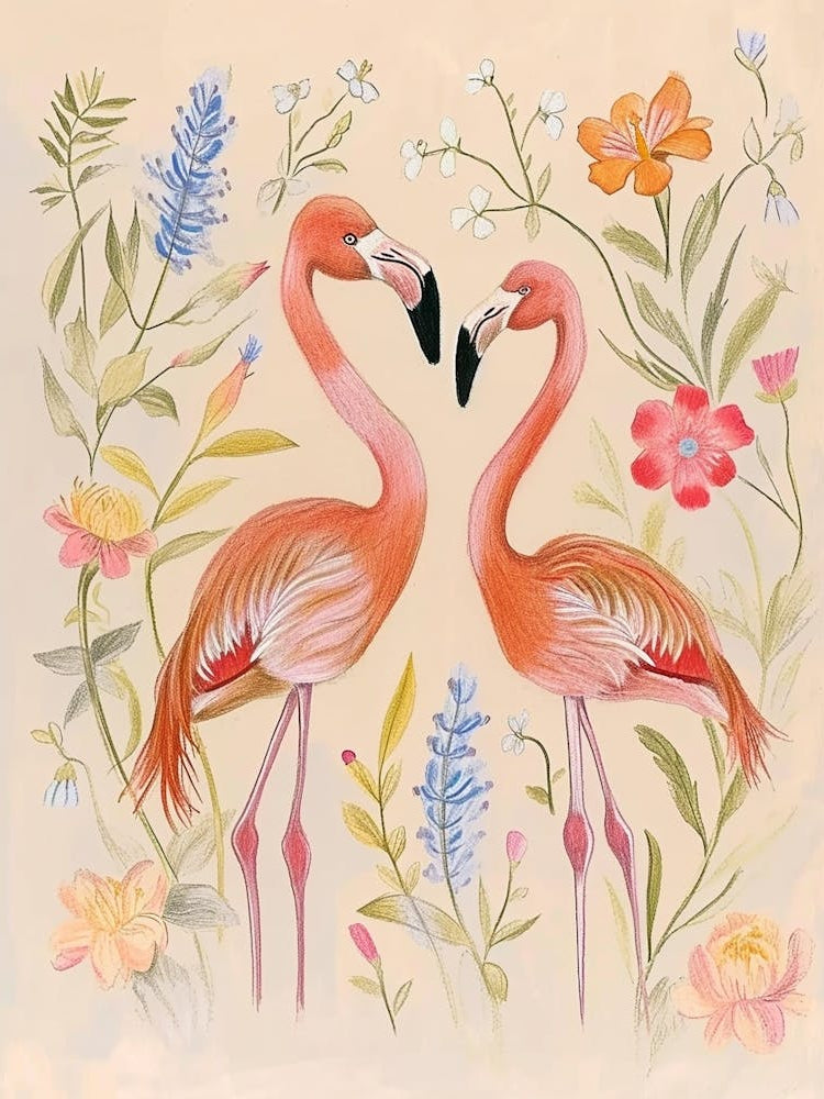 Folksy Floral Animal Drawing Flamingo 3