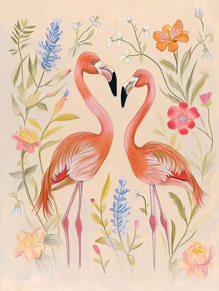 Folksy Floral Animal Drawing Flamingo 3