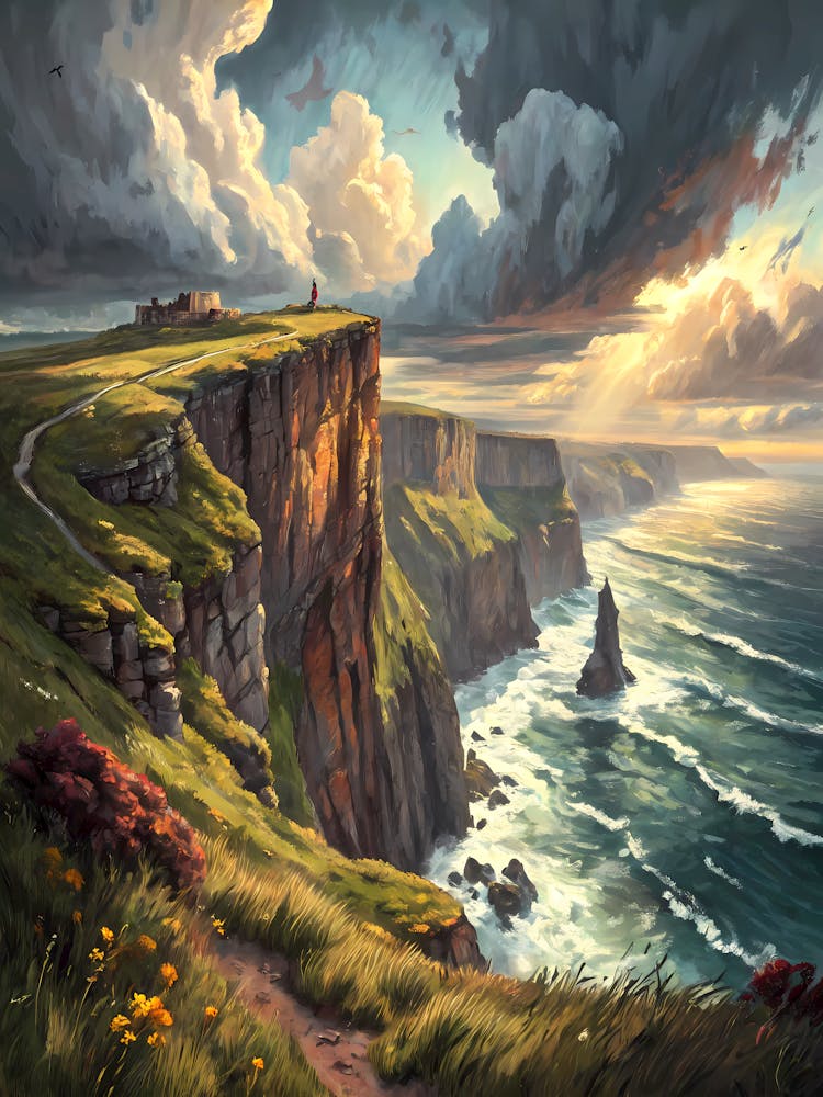 A Dramatic Cliffside Overlooking the Sea Oil Painting Style