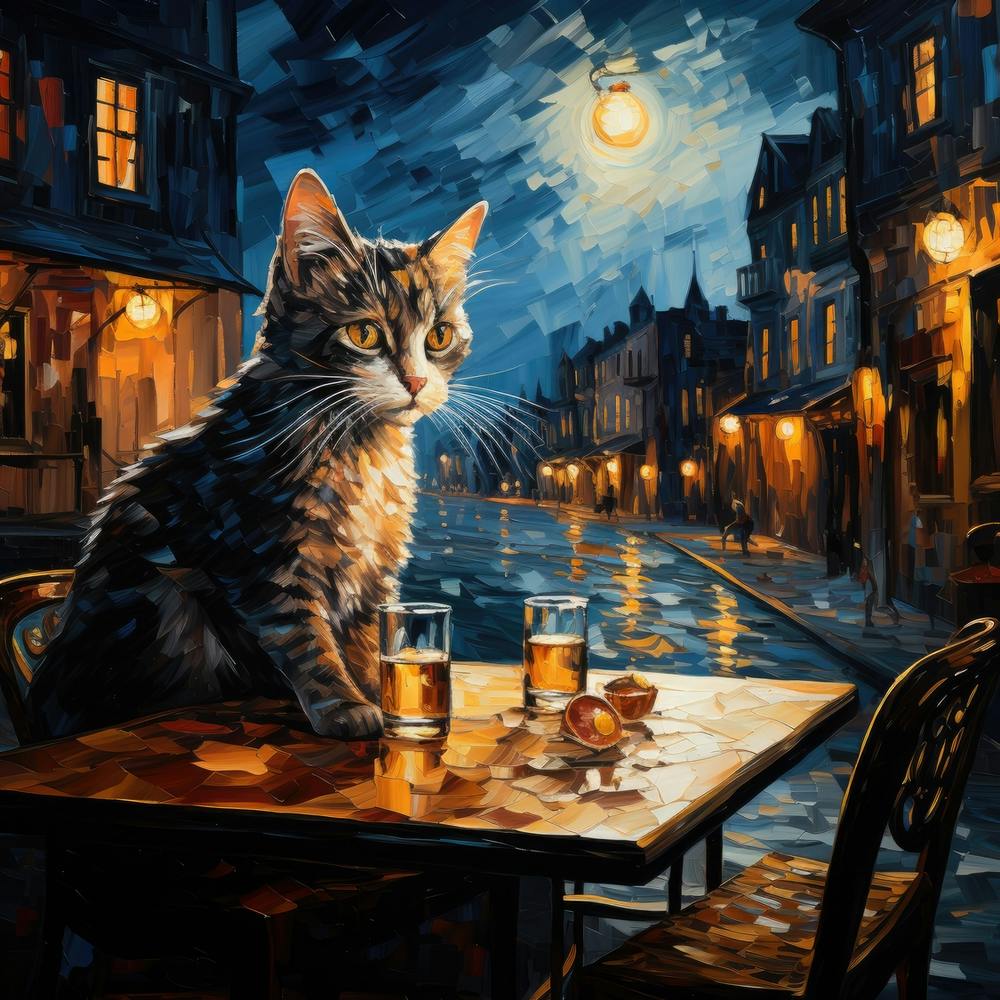 Cat And Cafe Terrace At Night Van Gogh Inspired 08