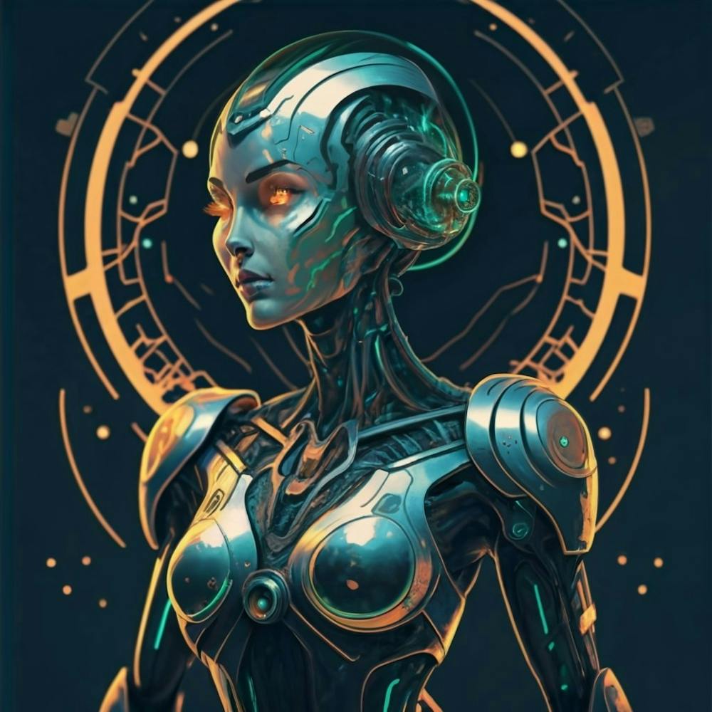 Minimalistic Vector with limited color palette and black outlines,Android Woman with a appealing face in a Alluring Pose