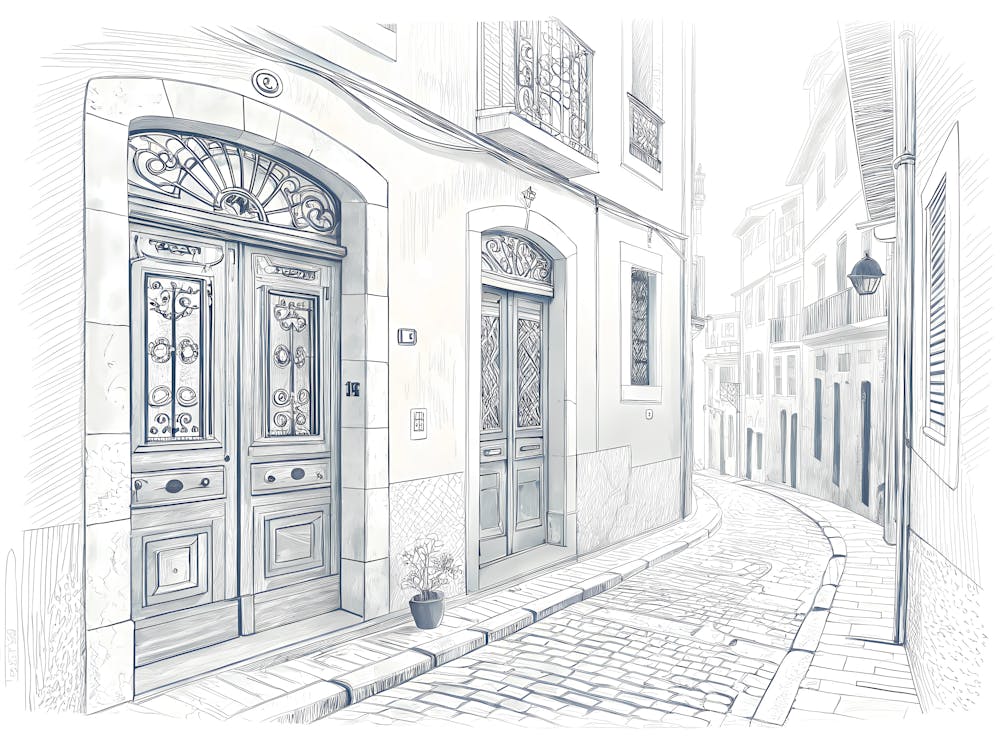 Minimalist Ink Sketch Of Old World Alleyway Door