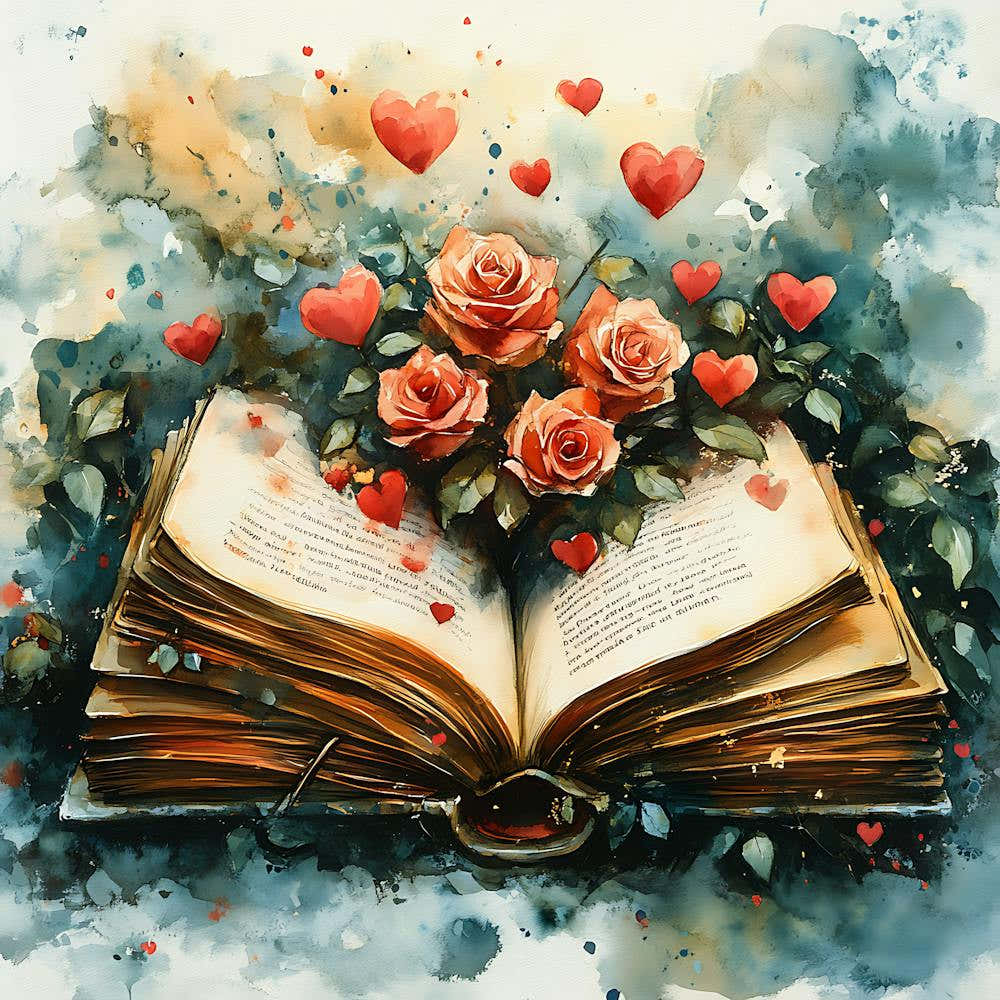 Watercolor Romantic Book Roses Hearts 7