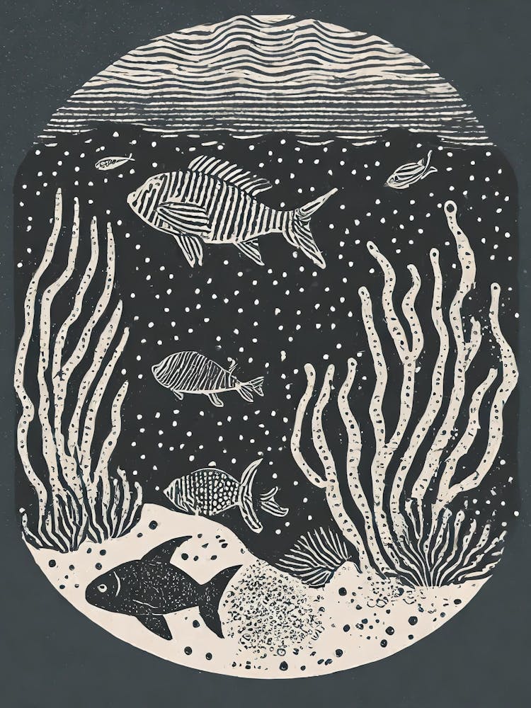 An Underwater Tableau With Marine Life In An Ancient Sea Ukiyo-E