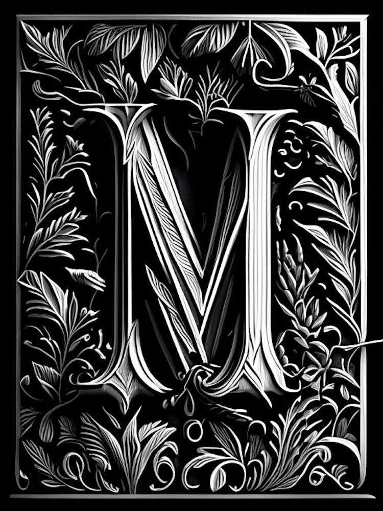 M, Letter, Alphabet Linocut 1