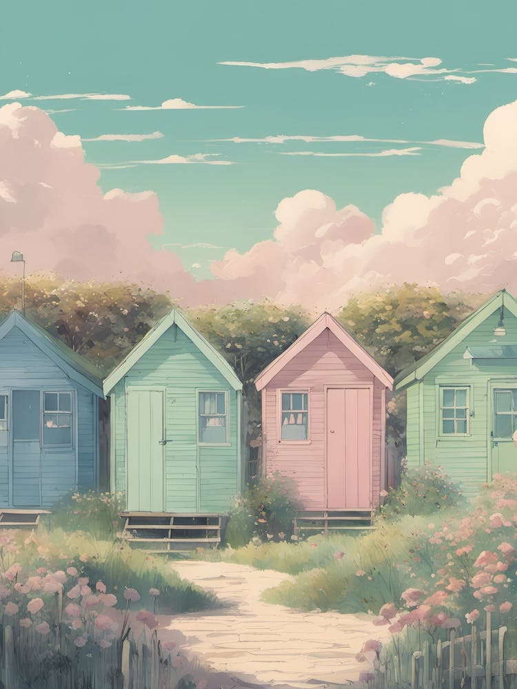 Brighton Beach Huts Studio Ghibli Style Pastel Colours Pink Clouds