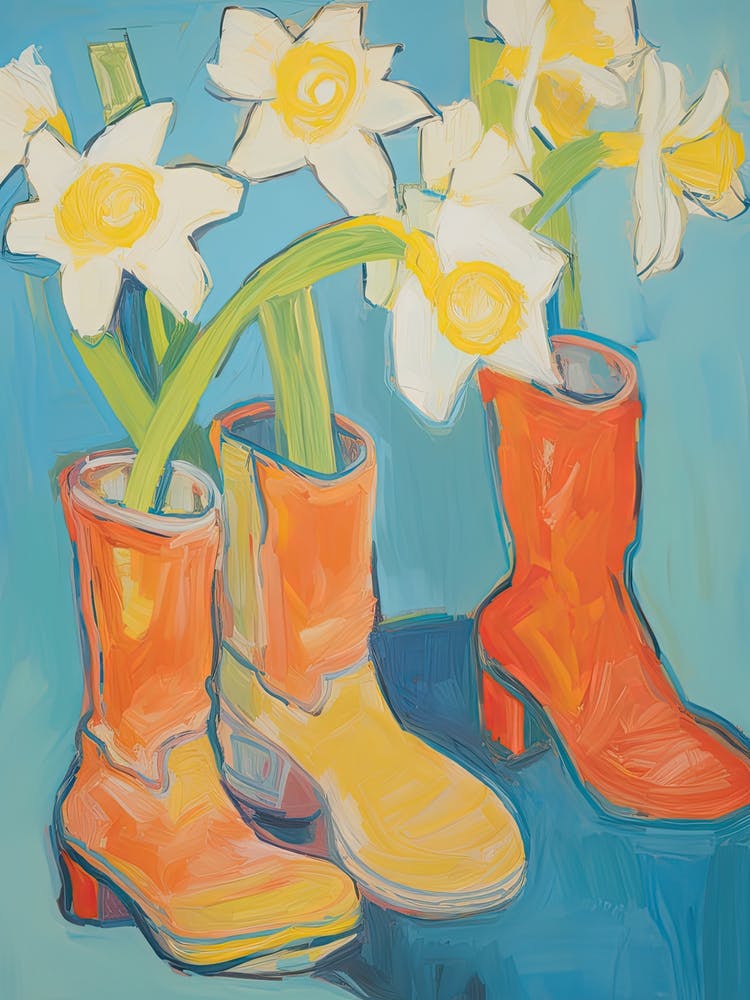 A Painting Of Cowboy Boots With Daffodil Flowers, Pop Art Style 4
