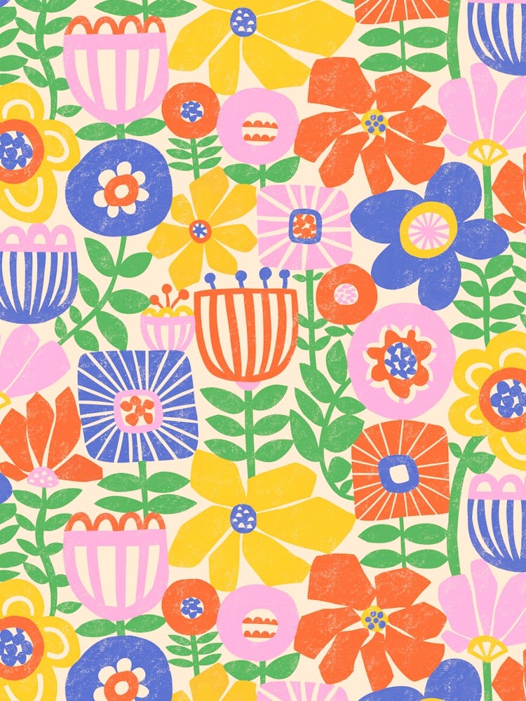 Collage de fleurs en papier coloré rose, orange, jaune, bleu, vert, blanc