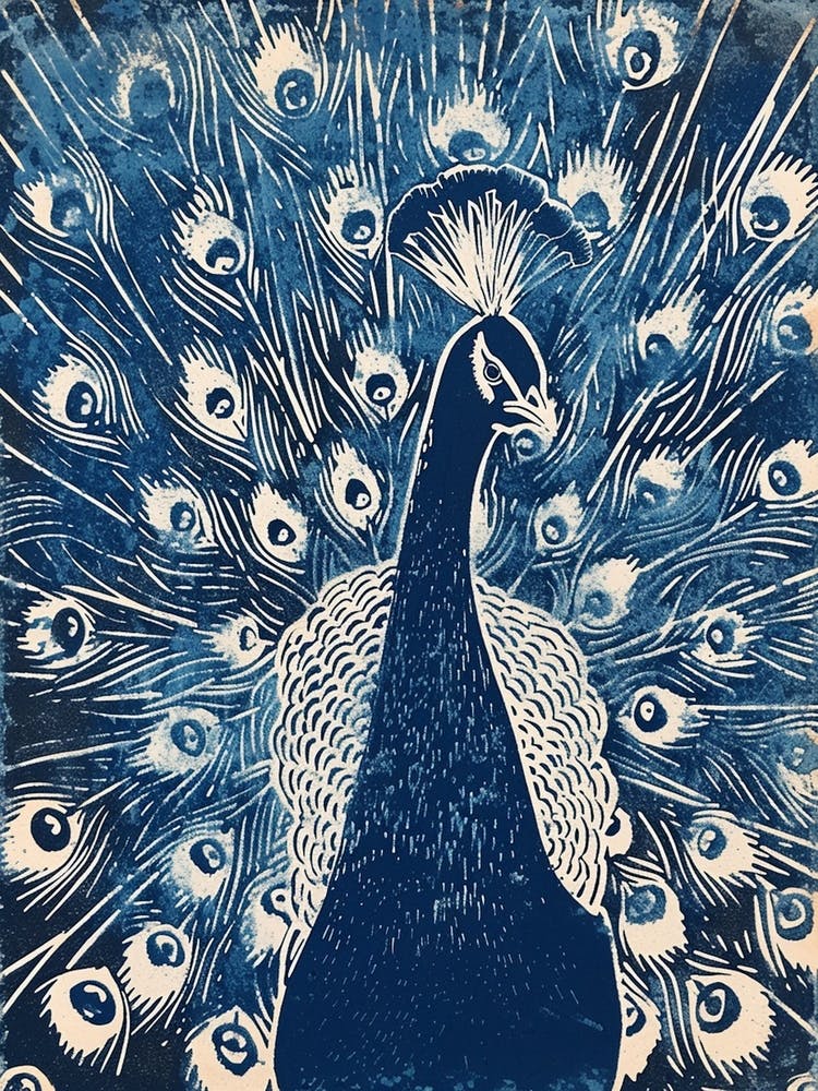 Blue Linocut Inspired Peacock Portrait 2