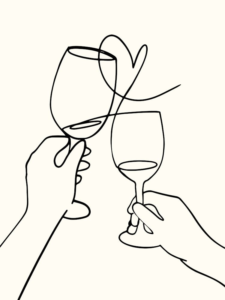 Two Hands Holding Wine Glasses Monoline Hand Drawing Aesthetic Illustration