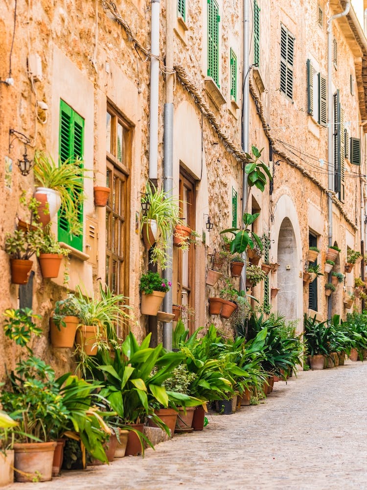 Beautiful street at the mediterranean village of Valldemossa on Majorca Spain. Walk through the fiesta-filled streets and admire the history and culture of this famous landmark. The potted plants and flowers add a touch of Mediterranean elegance to the Spanish architecture.